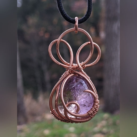 Artisan Jewelry - Hand Crafted Amethyst Pendant Copper Wrap Medallion Cord Necklace Black Choker